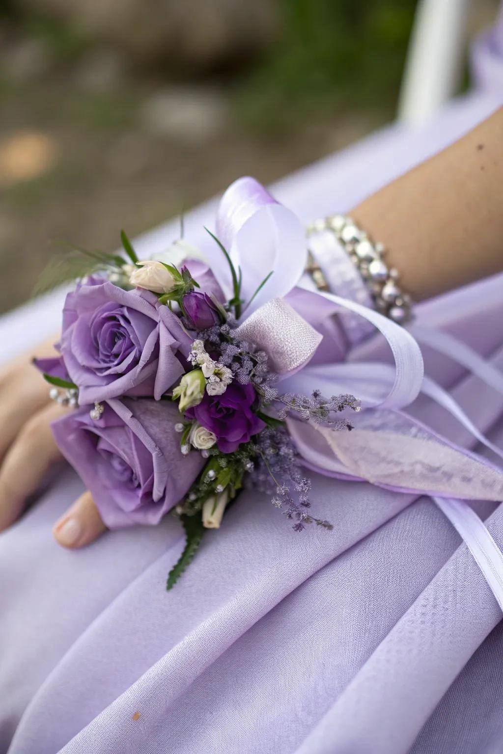 Sophisticated single-color wrist corsage in purple shades.