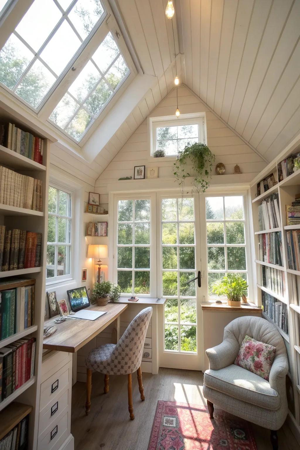 A bright, light-filled writing shed perfect for sparking creativity.