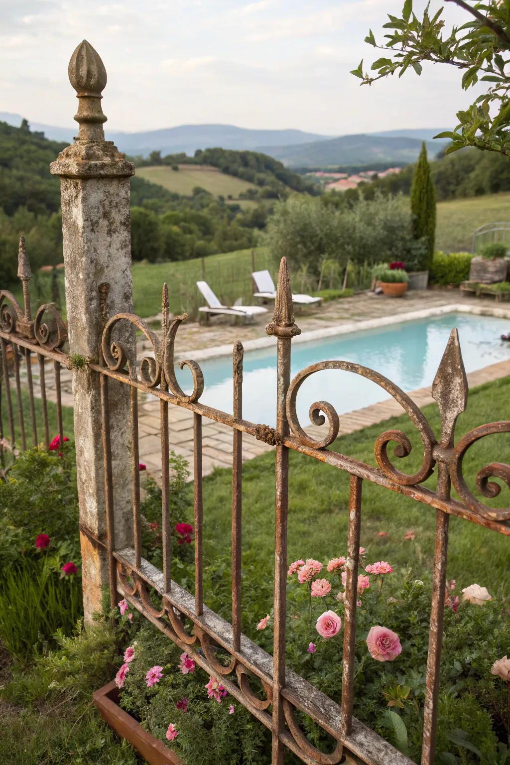 A rustic metal rod barrier adds a cozy touch to this countryside pool.
