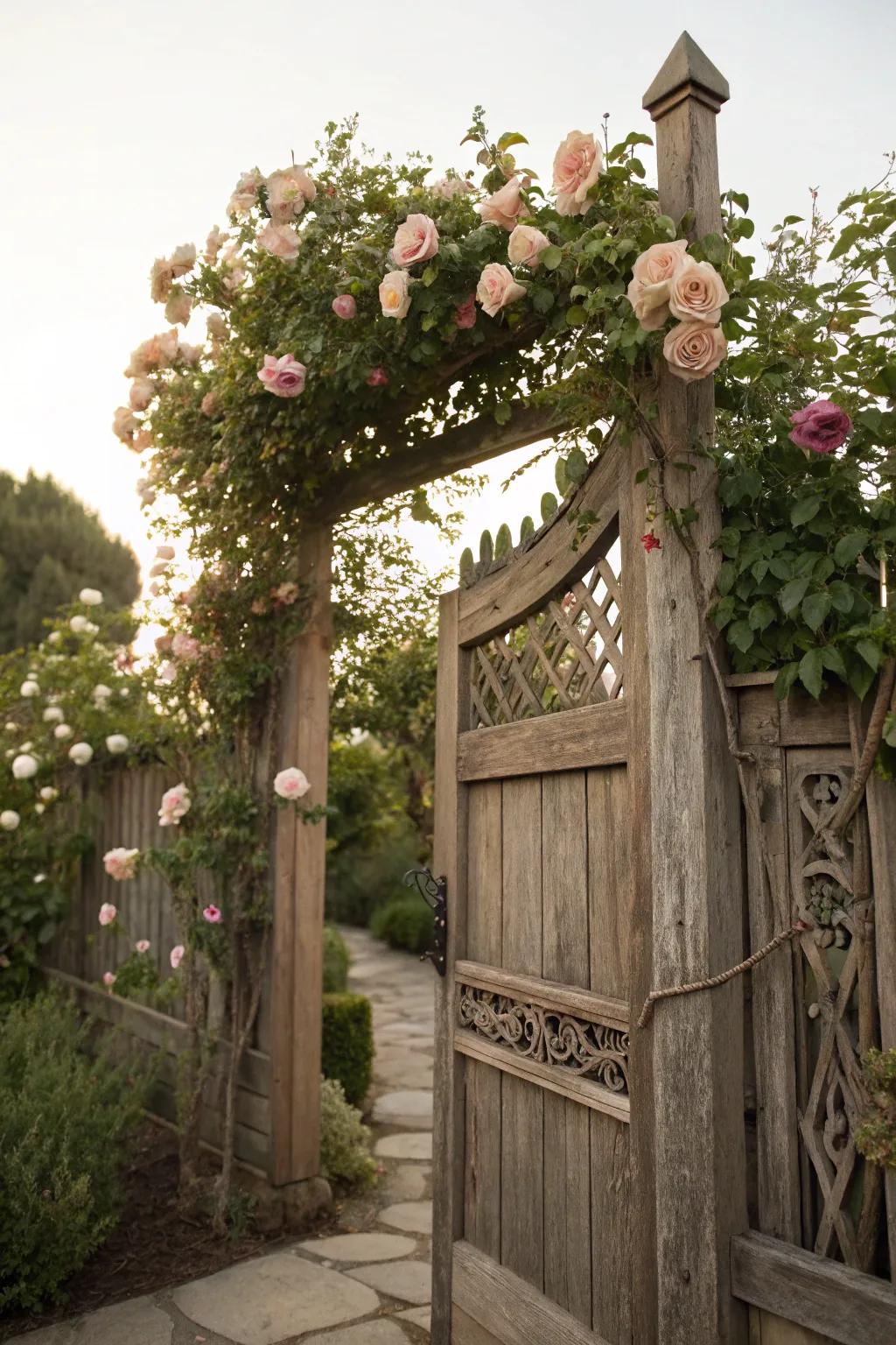 An artistic wooden entrance welcomes you into this enchanting garden.