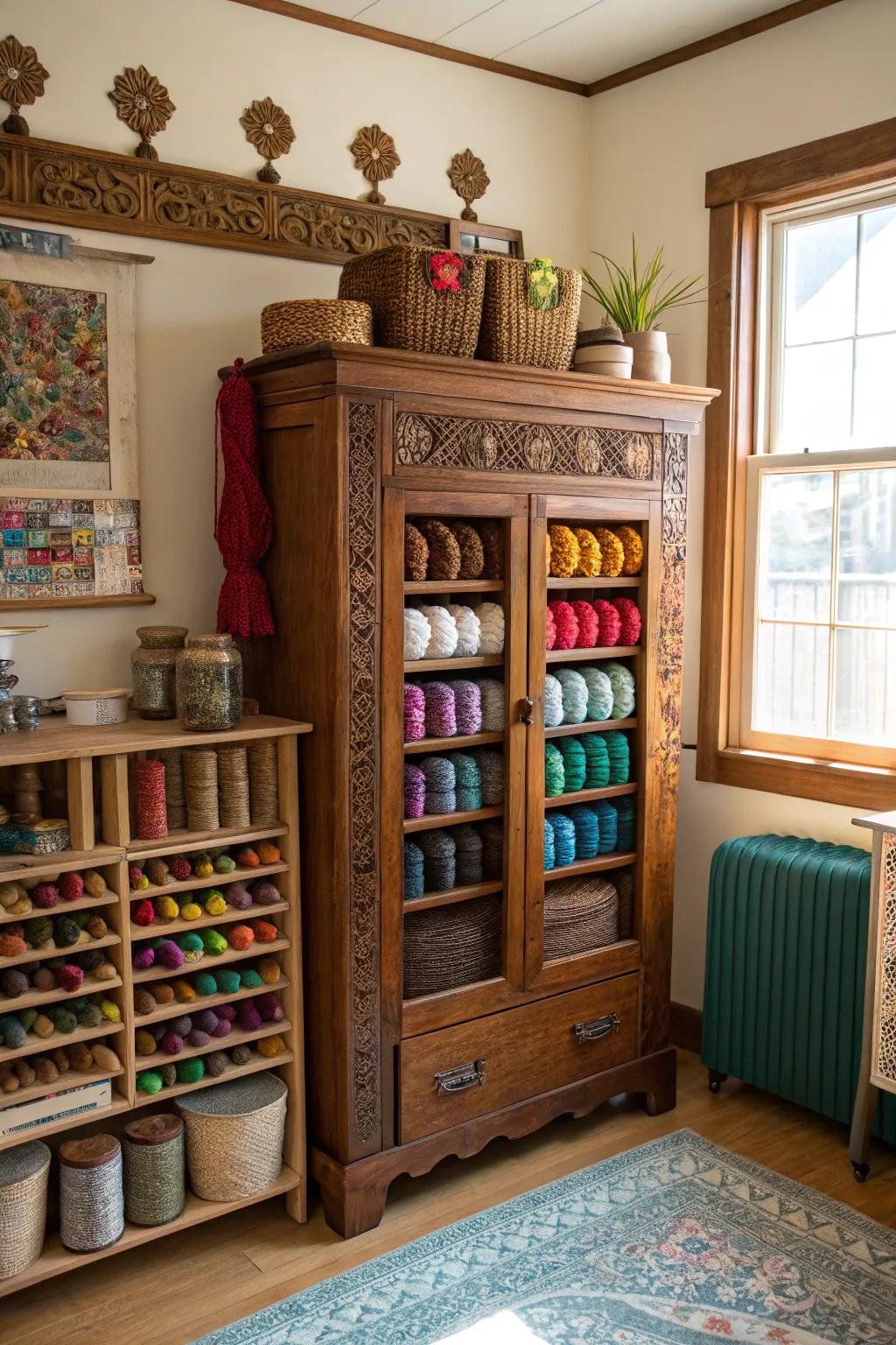 A vintage cabinet offers charm and ample space for yarn storage.
