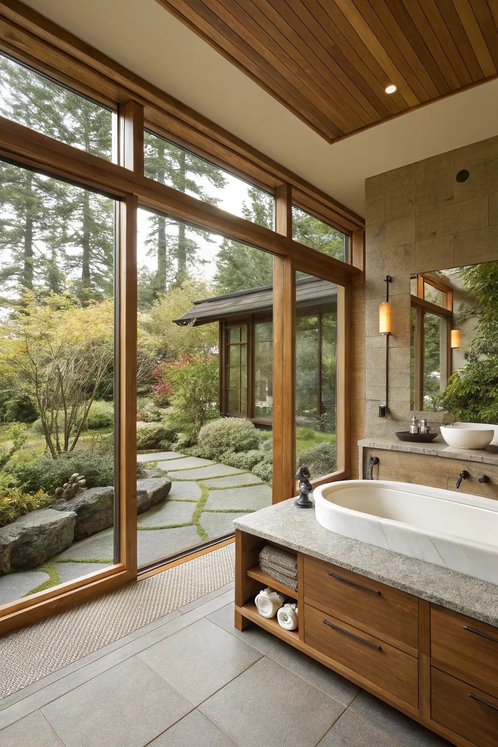 Open concepts and large windows introduce a sense of liberation to a zen bathroom.