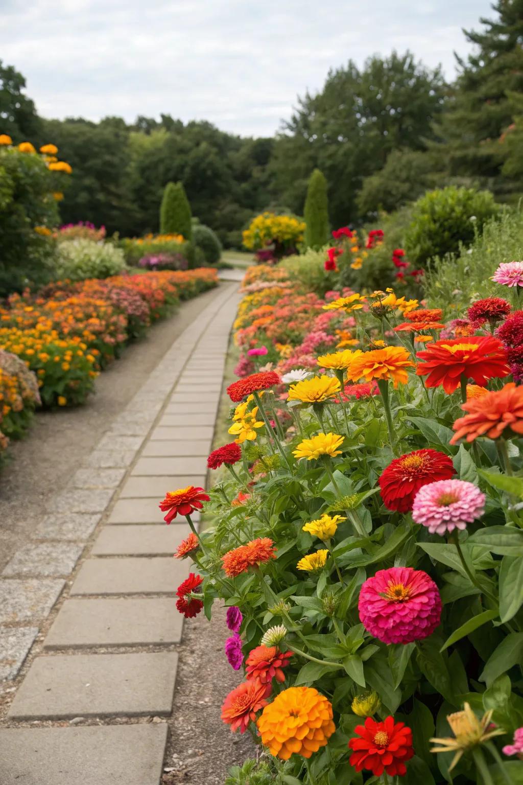 An inviting garden route framed by vibrant 'Bloom of Joy' trims.
