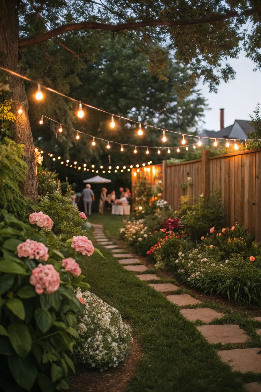 Create a dreamy ambiance with outdoor fairy lights.
