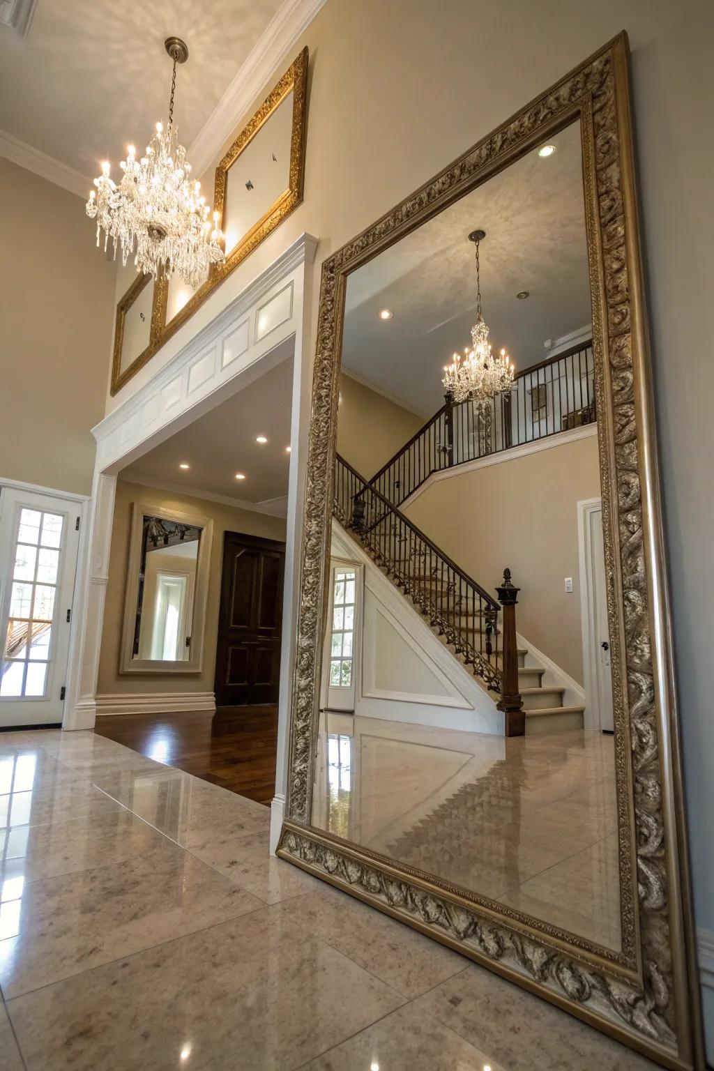 A large mirror adds depth and reflects light across the foyer.