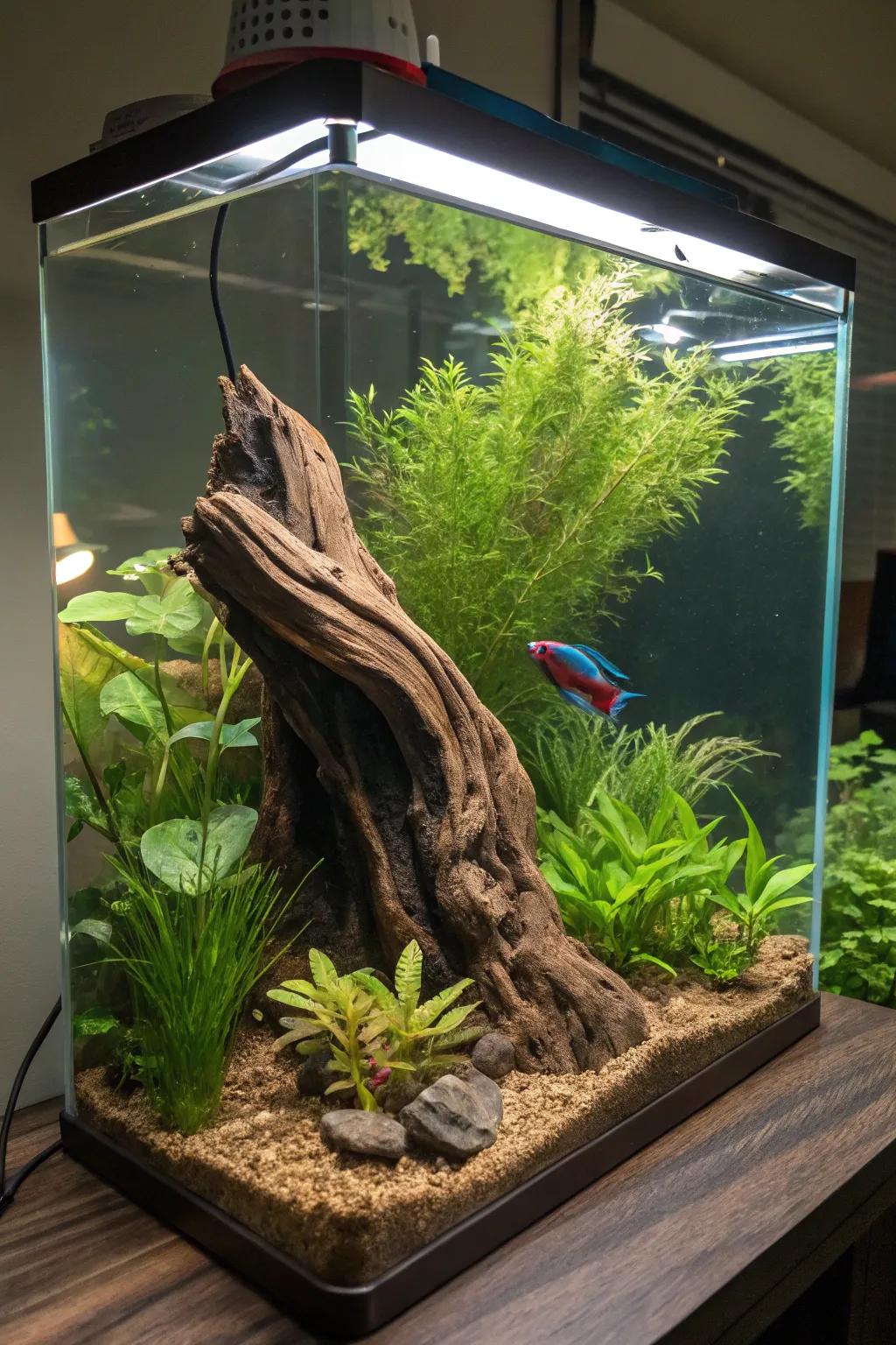 Add natural appeal with driftwood as a stunning centerpiece.