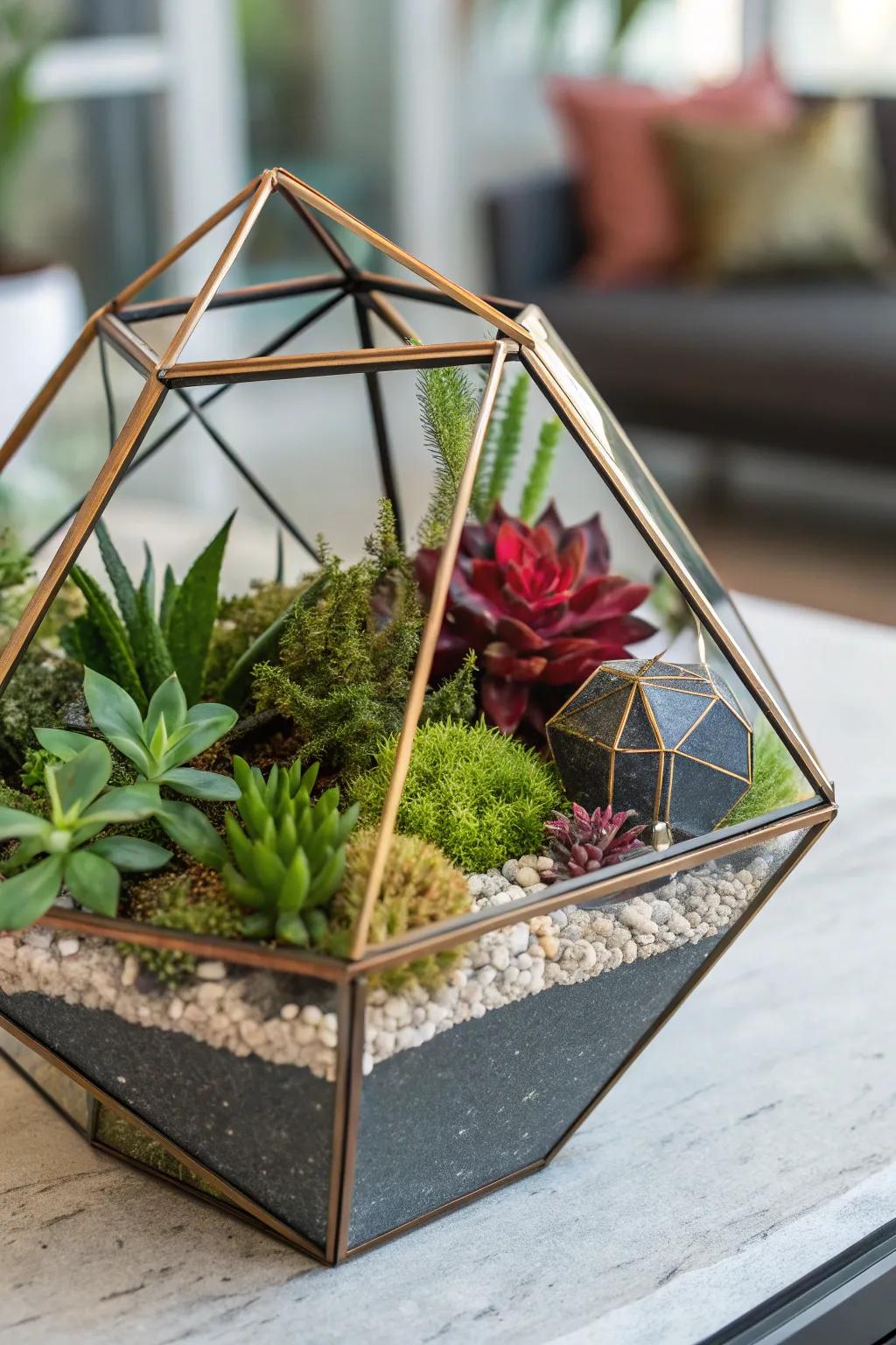A sleek, modern terrarium showcasing modern design elements.