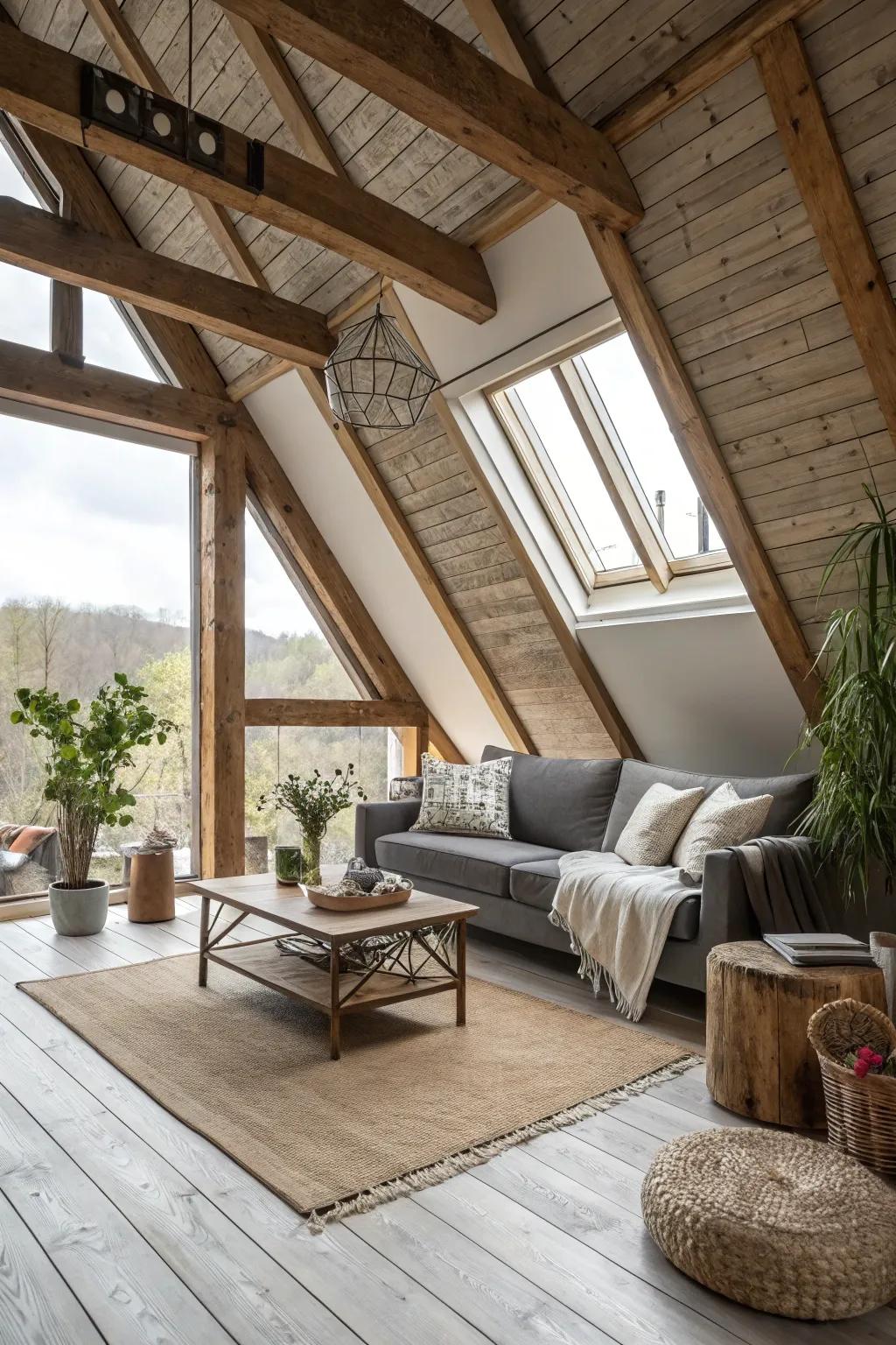 Blend modern and rustic features for a balanced attic design.