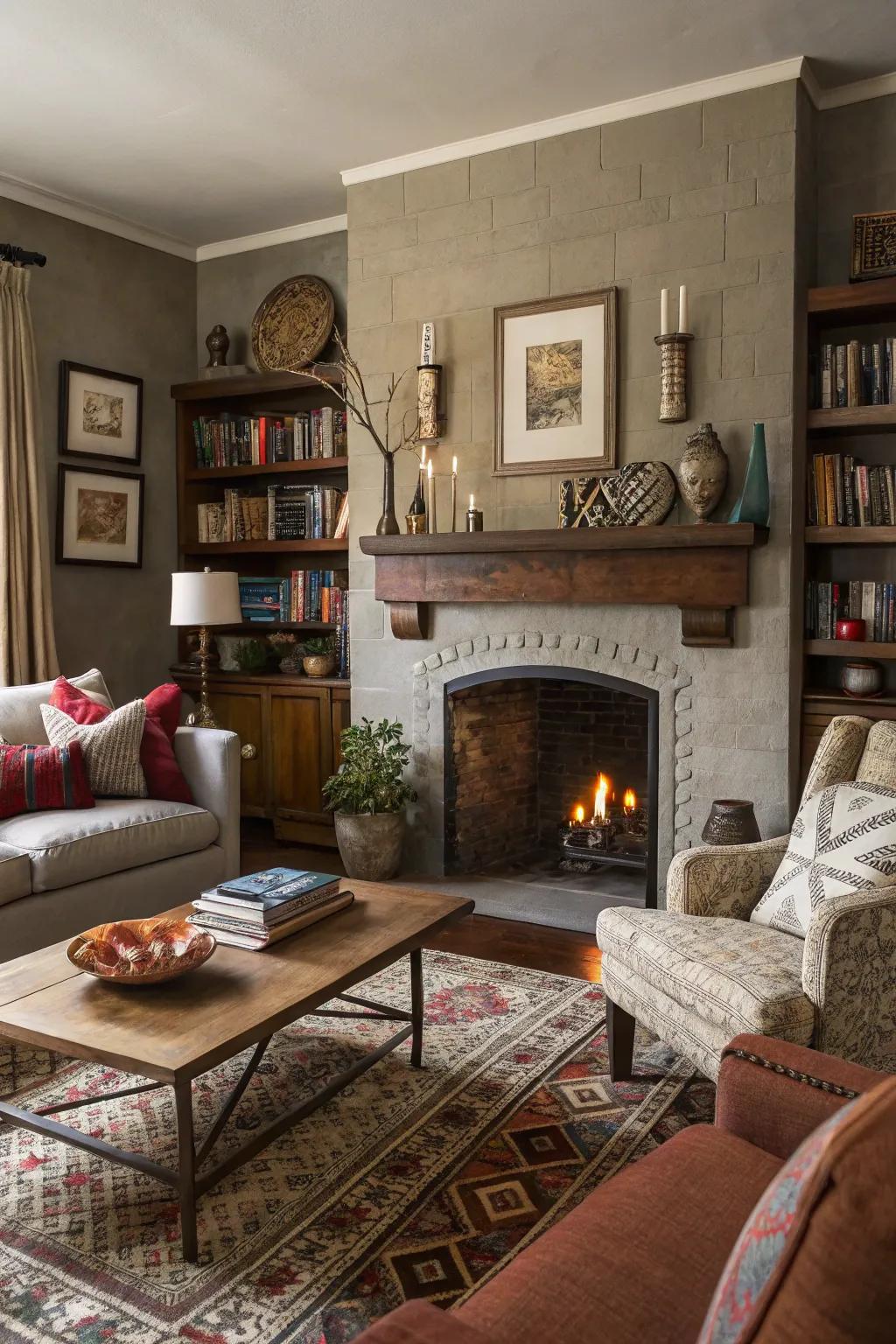 A varied collection of décor introduces character and charm above the fireplace.