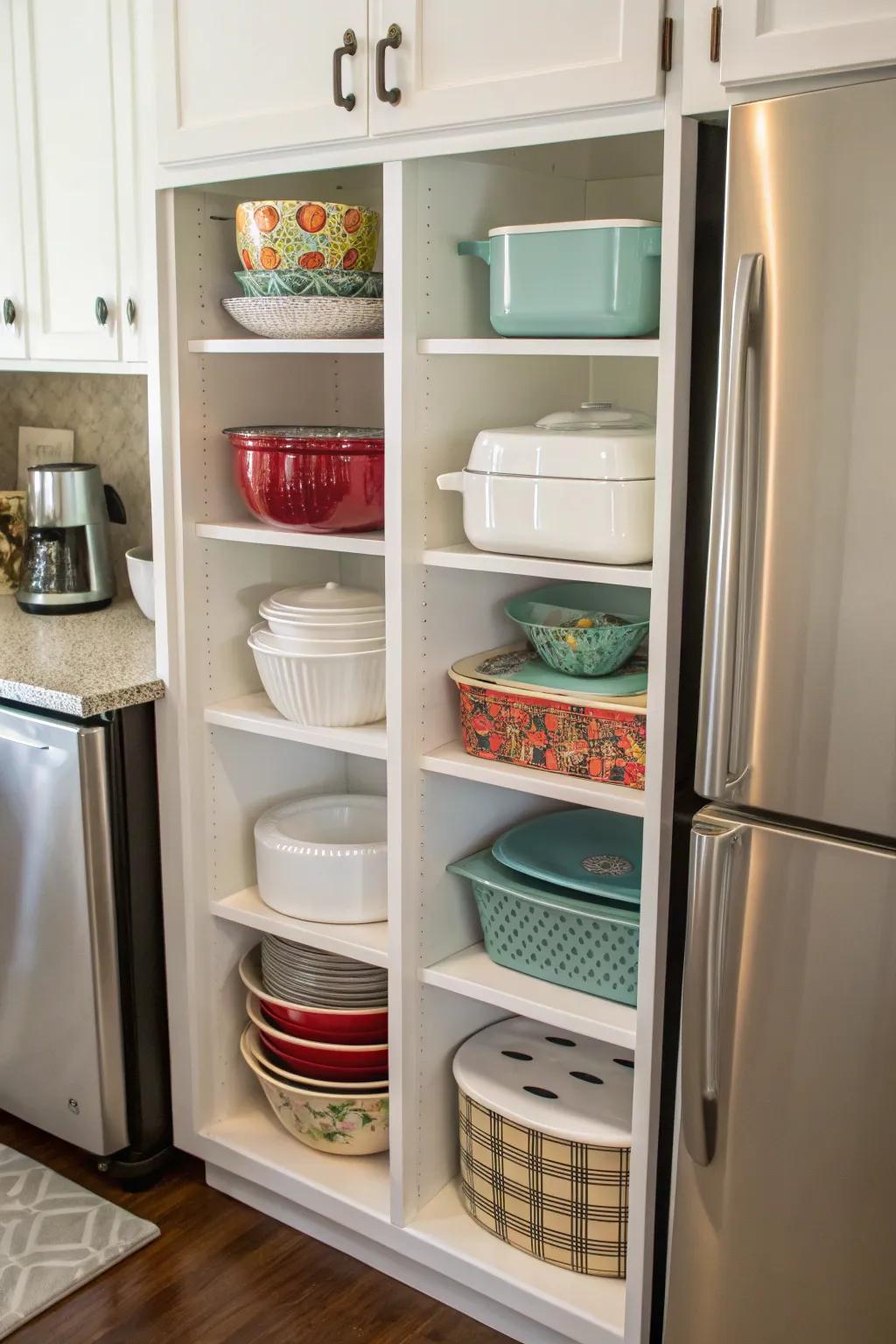 Custom cubbies provide elegant and organized bakeware storage.