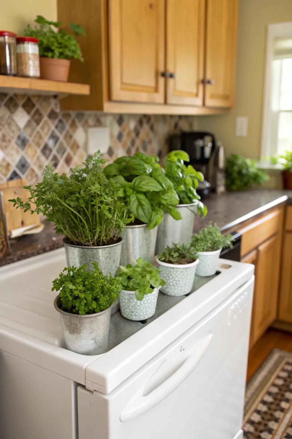 A mini herb garden provides fresh ingredients and decor.