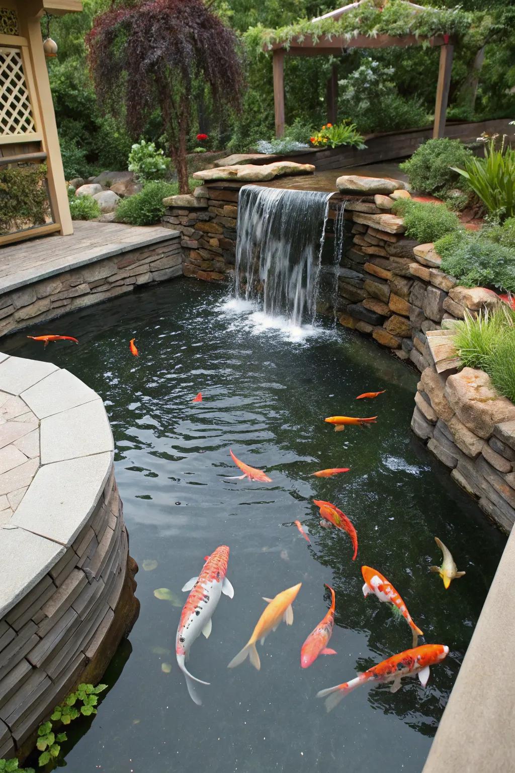 Koi fish add charm and movement to this beautiful elevated pond.
