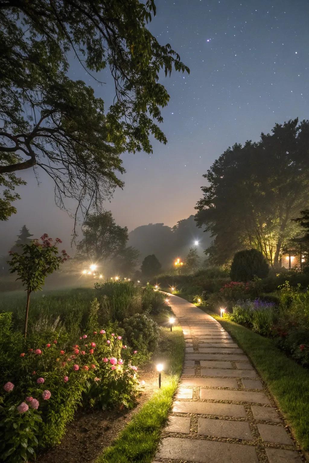 Ground luminaires accentuate garden paths magically.