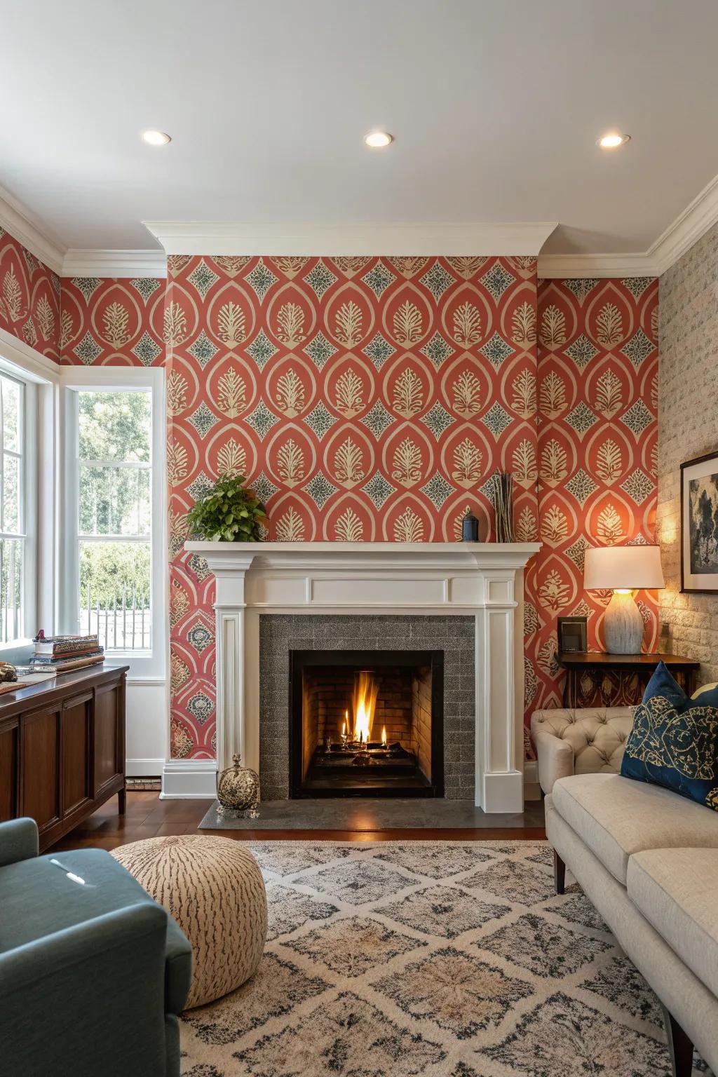 Striking wall covering turns the fireplace wall into a centerpiece.
