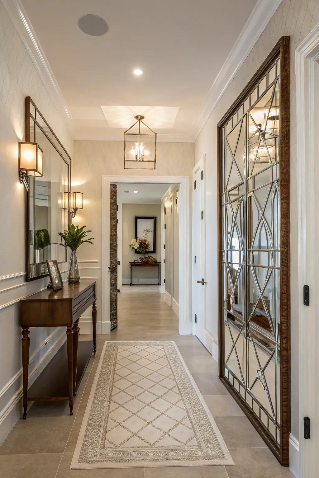 An entryway featuring a reflective accent wall to enhance light and space.