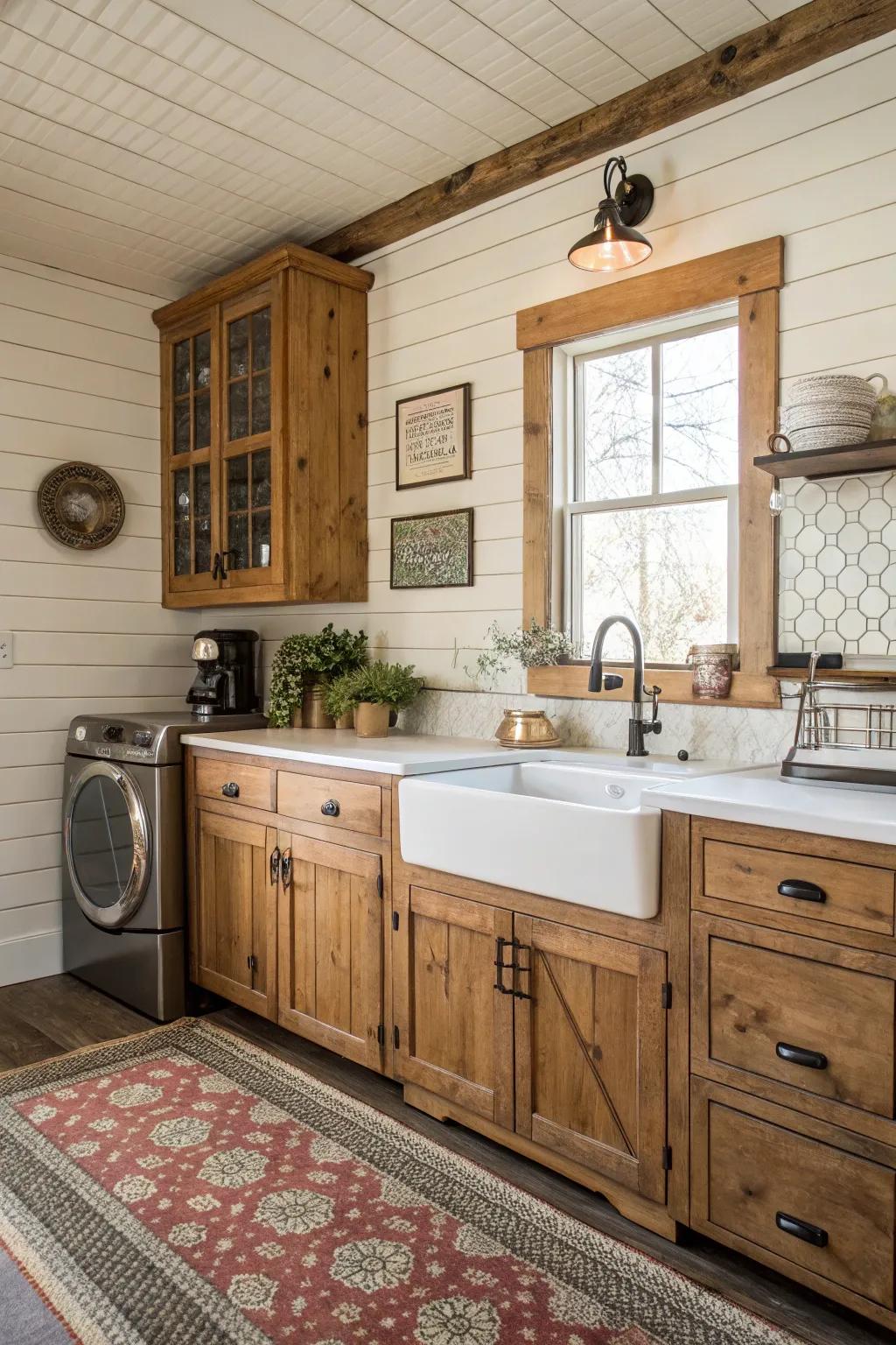A cooking area showcasing a vintage wood board feature wall.