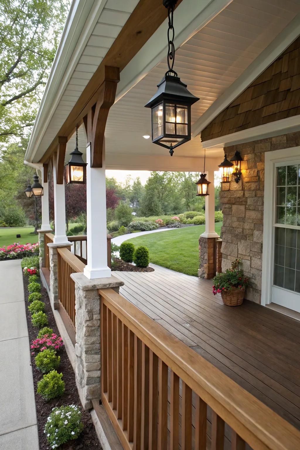 A stylish porch featuring a protective roof extension.