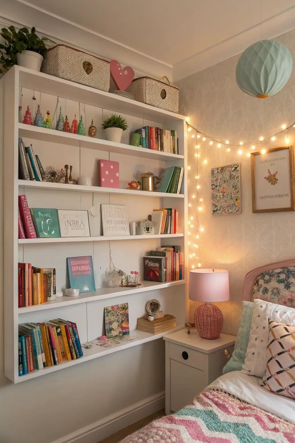 Shelving merging design with functional storage options.