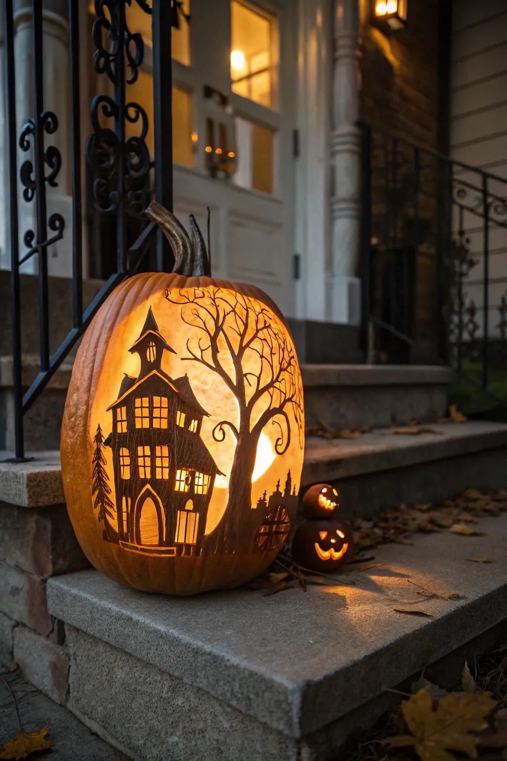 Craft a spooky welcome with a cursed dwelling pumpkin.