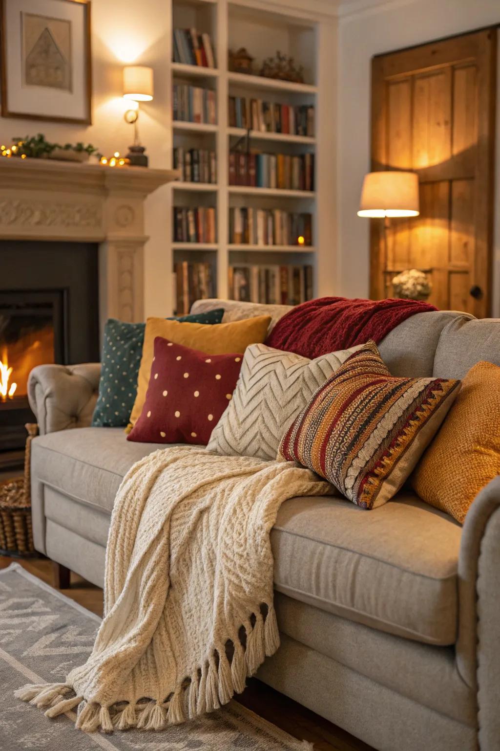 Cozy accents encourage relaxation and comfort.