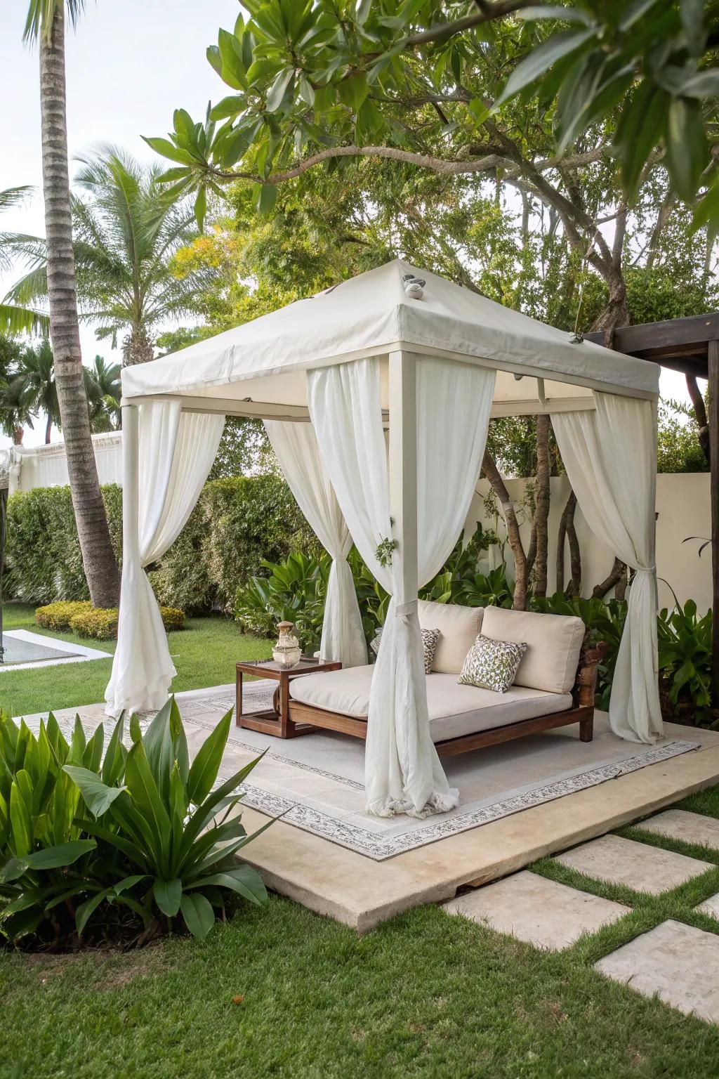 A cozy white canopy lounge area for relaxed socializing.