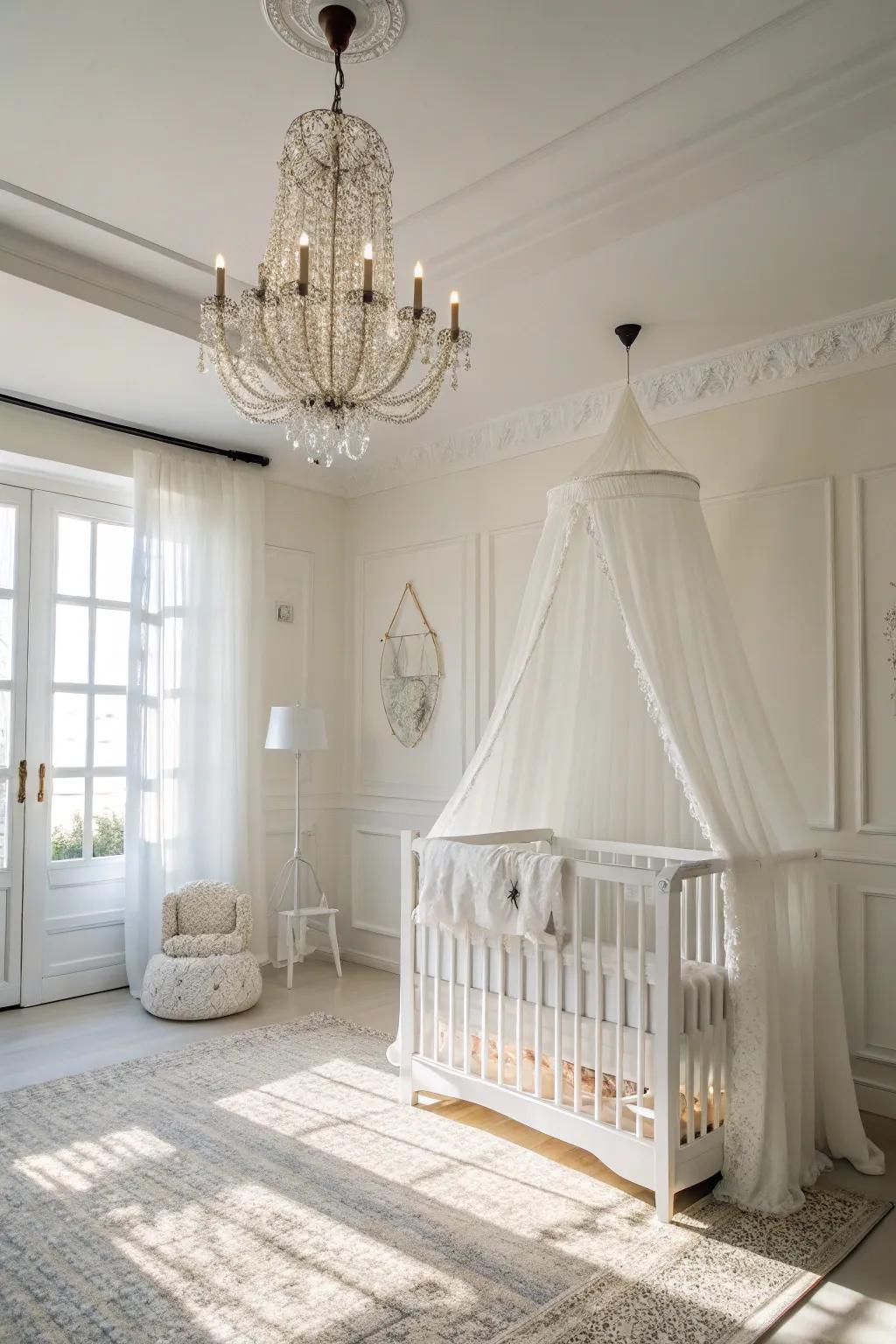 Ornamental lighting enhances the elegance of a white nursery.