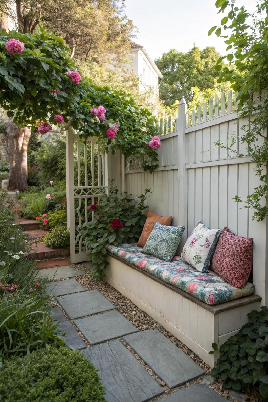 A seating location creates a comfortable backyard getaway.