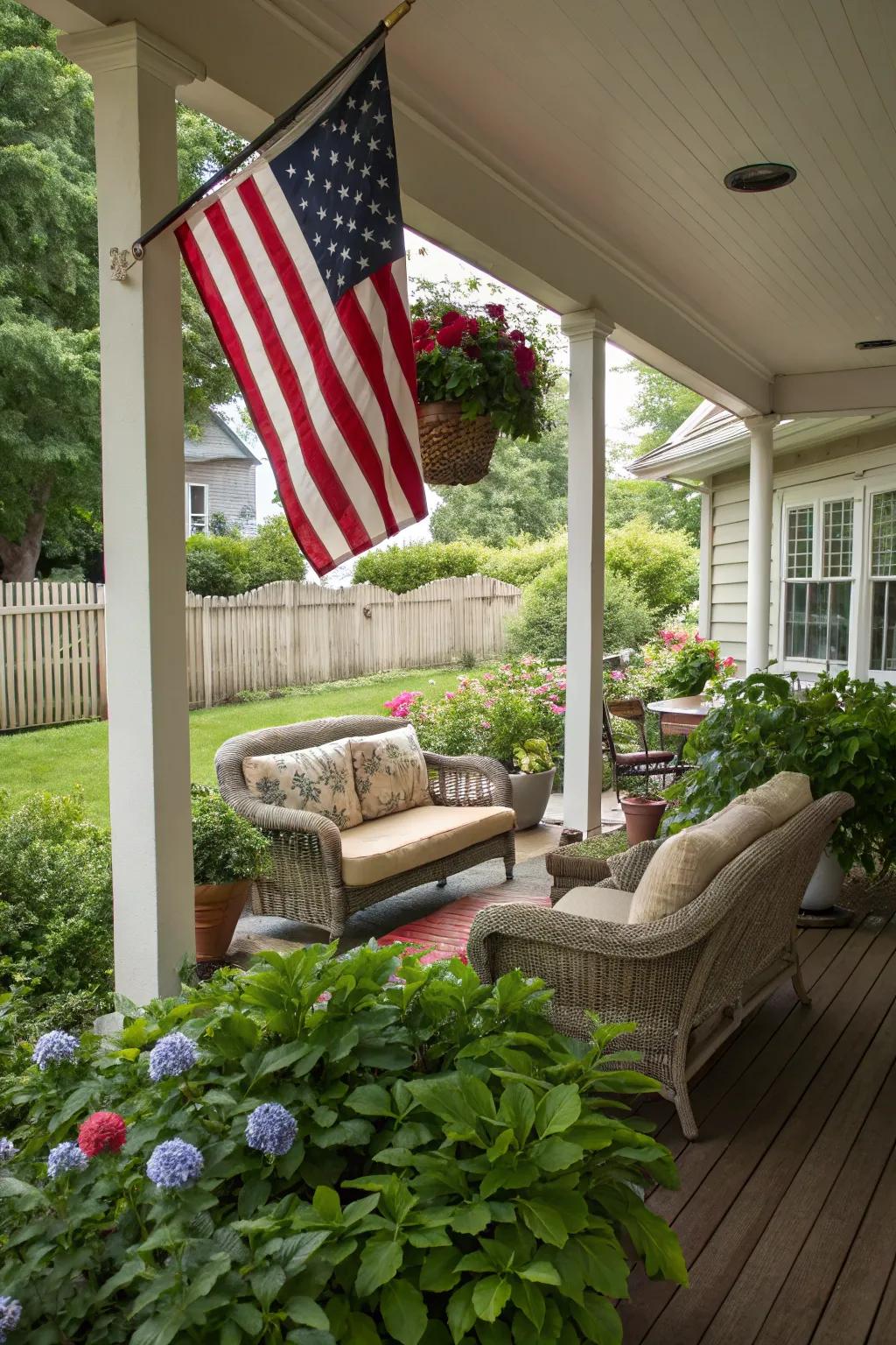 An American flag introduces patriotic charm to this welcoming porch.