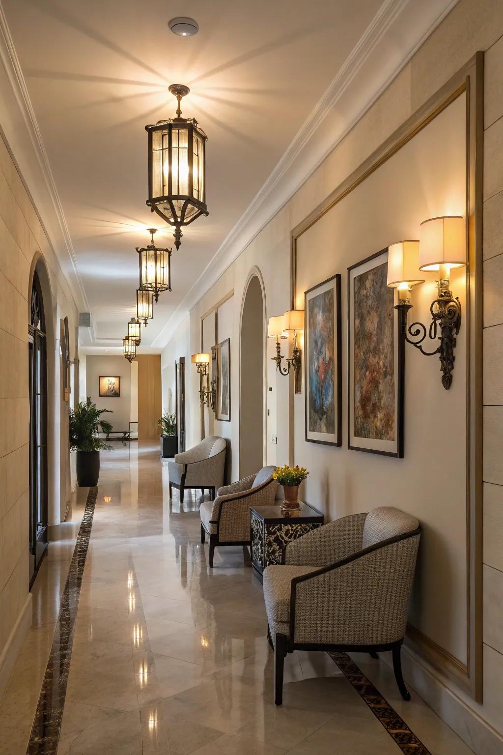 A corridor brightened with stylish wall lights.