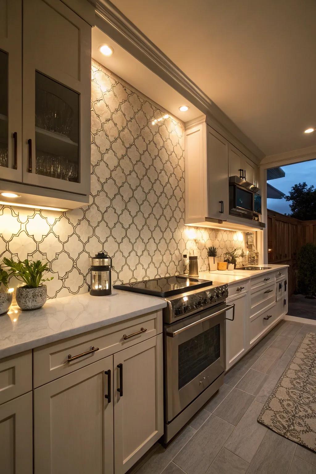 A kitchen where under-cabinet lighting enhances the intricate patterns of the arabesque tile backsplash.