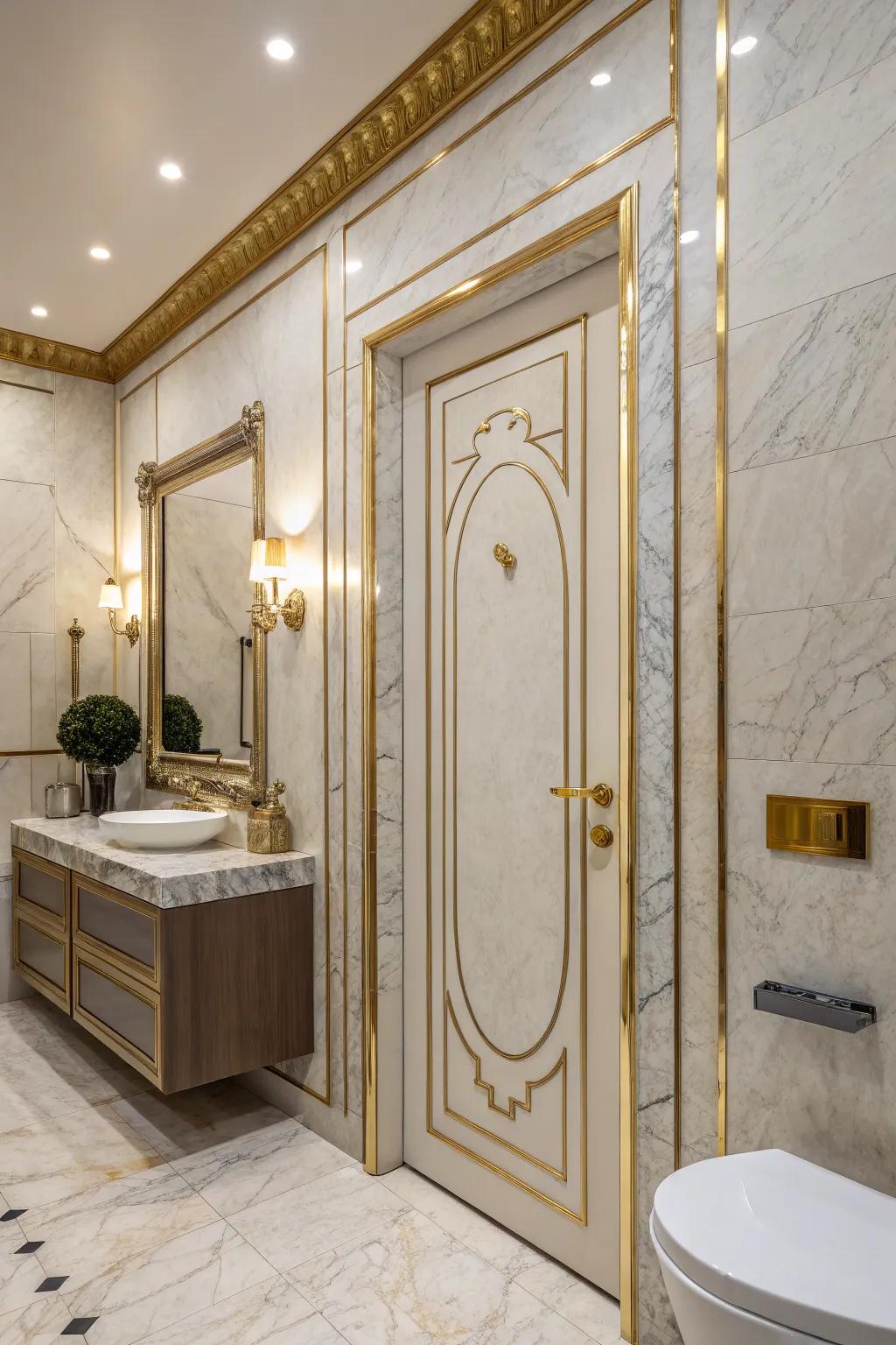 A door with metallic features that introduces a luxurious vibe to the area.