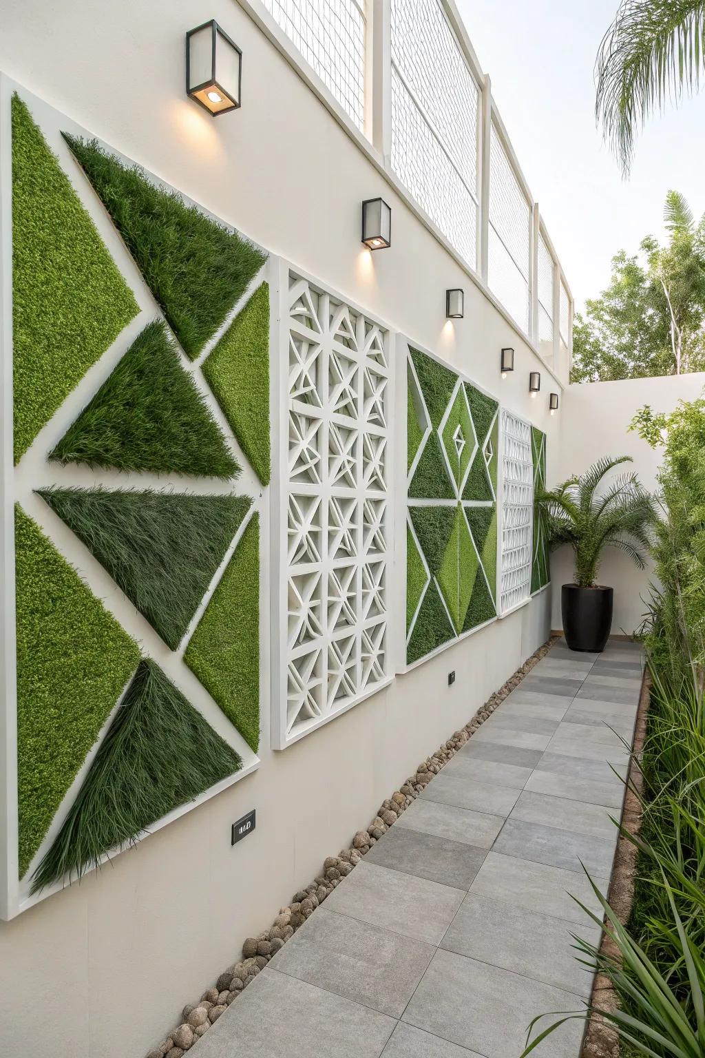 A wall showcasing artistic geometric panels of artificial greenery for a distinctive touch.