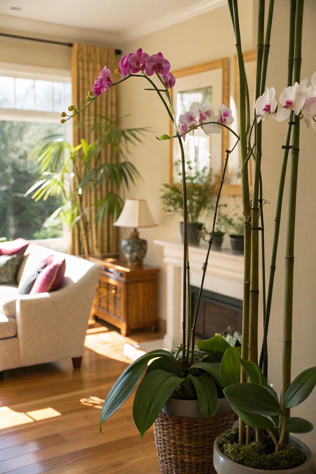 Botanical elements add tranquility and balance to the living room.