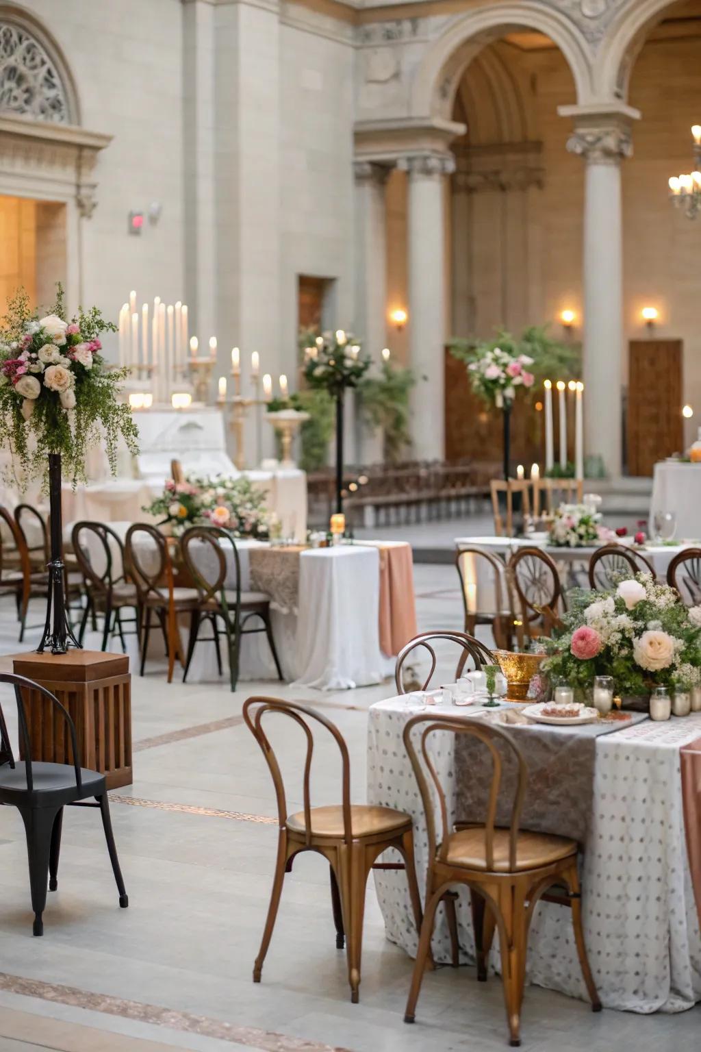 Mixing furniture styles makes a cozy and varied wedding feel.
