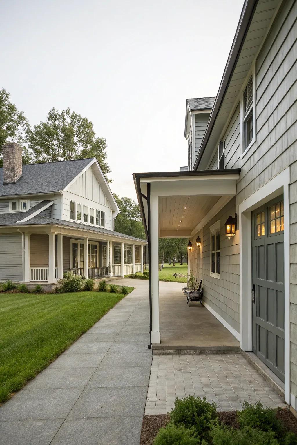 A breezeway that elegantly connects the home to the garage.
