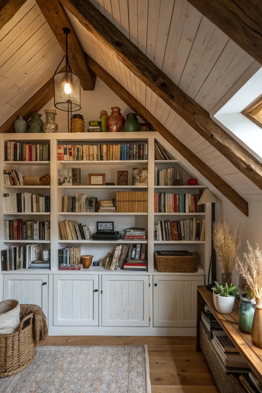 Effectively utilize attic space through the installation of custom bookcases.