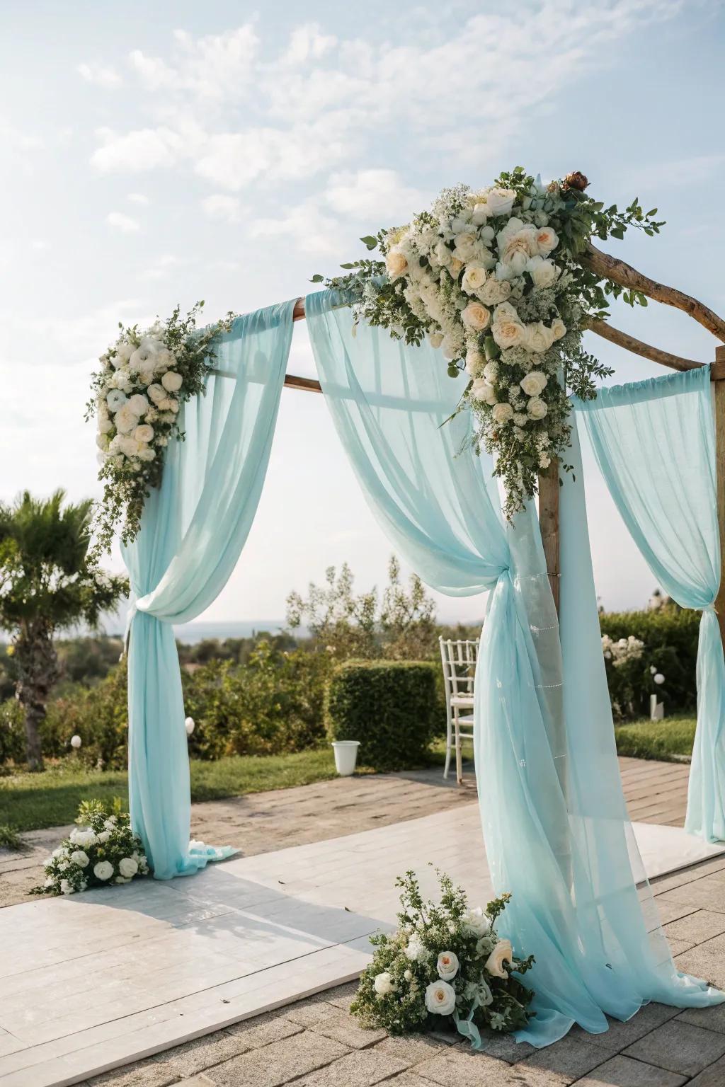 A light azure wedding arch creates a stunning ceremony focal point.