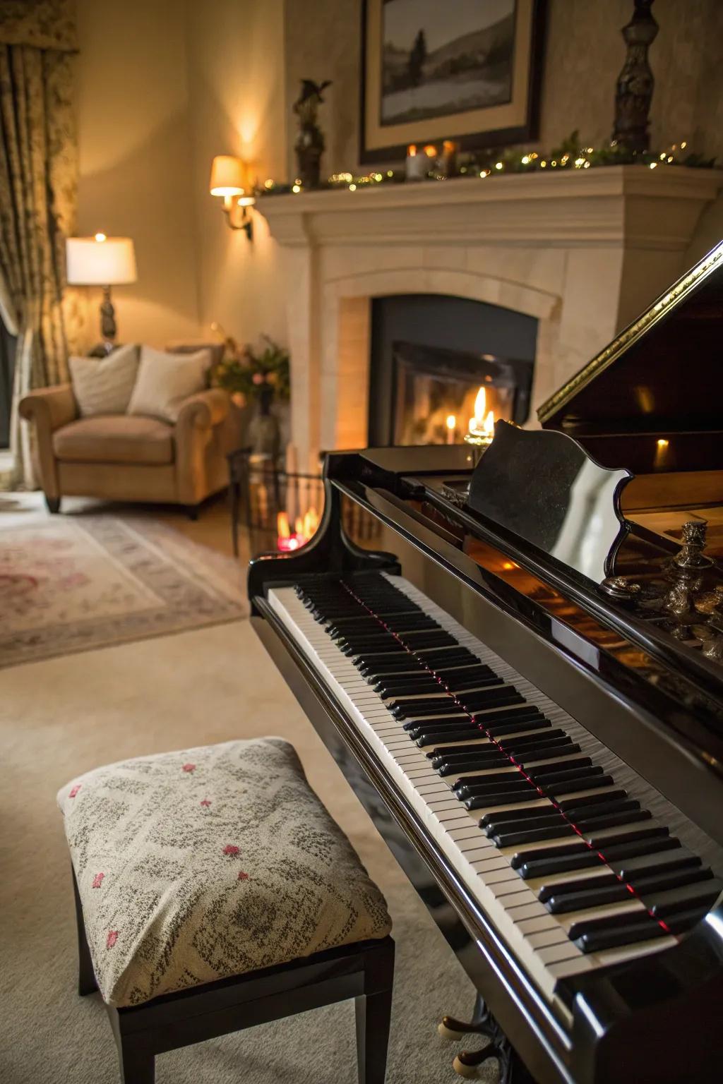 A hearth adds warmth and charm to the piano setting.