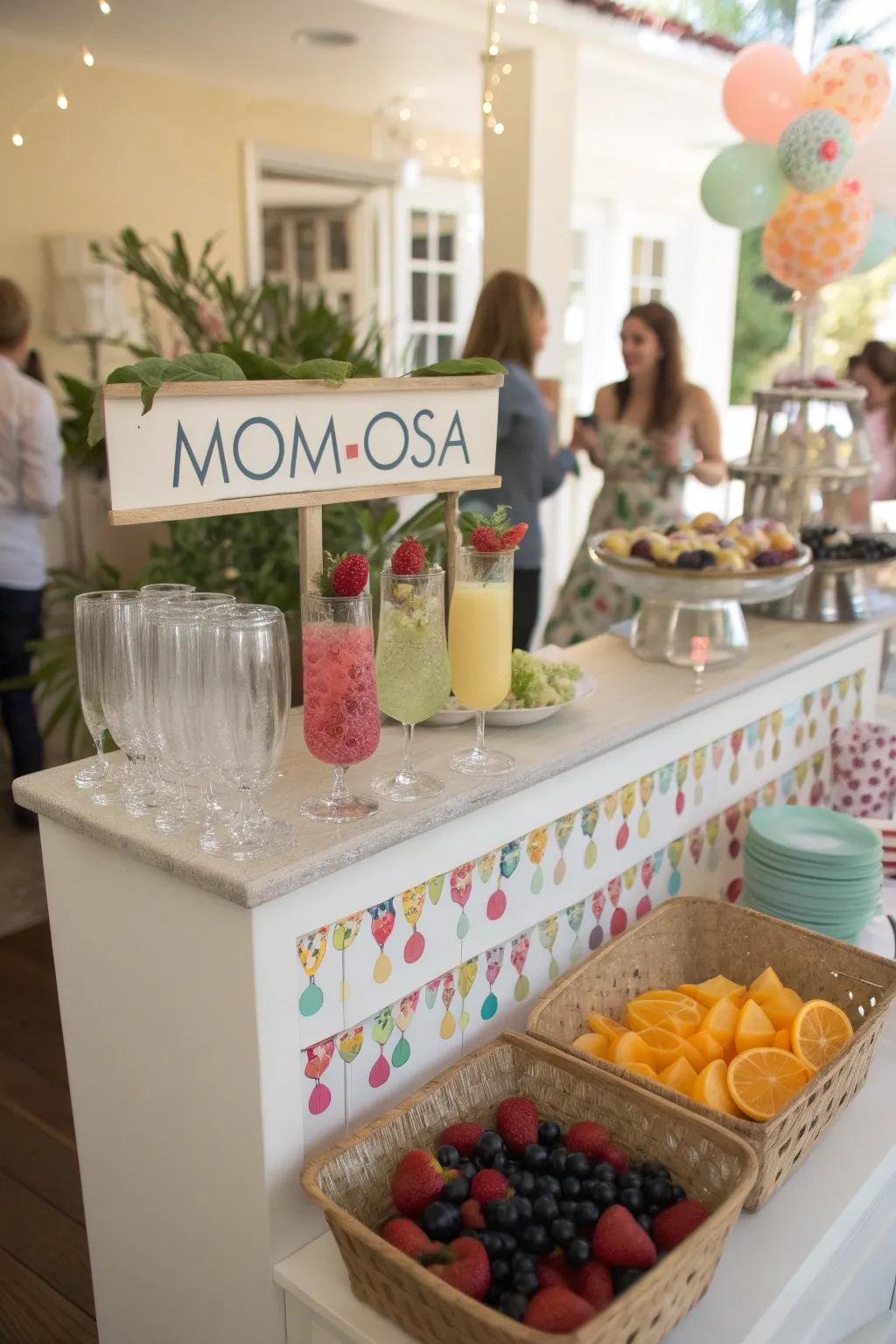 A playful beverage counter with a 'Mom-osa' station provides refreshing options.