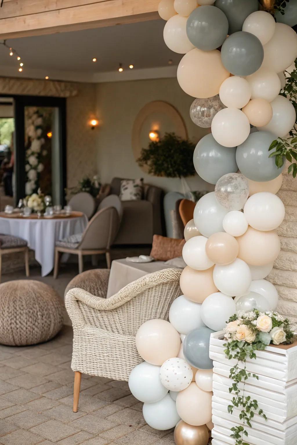 A seating area adorned with muted-toned balloons.