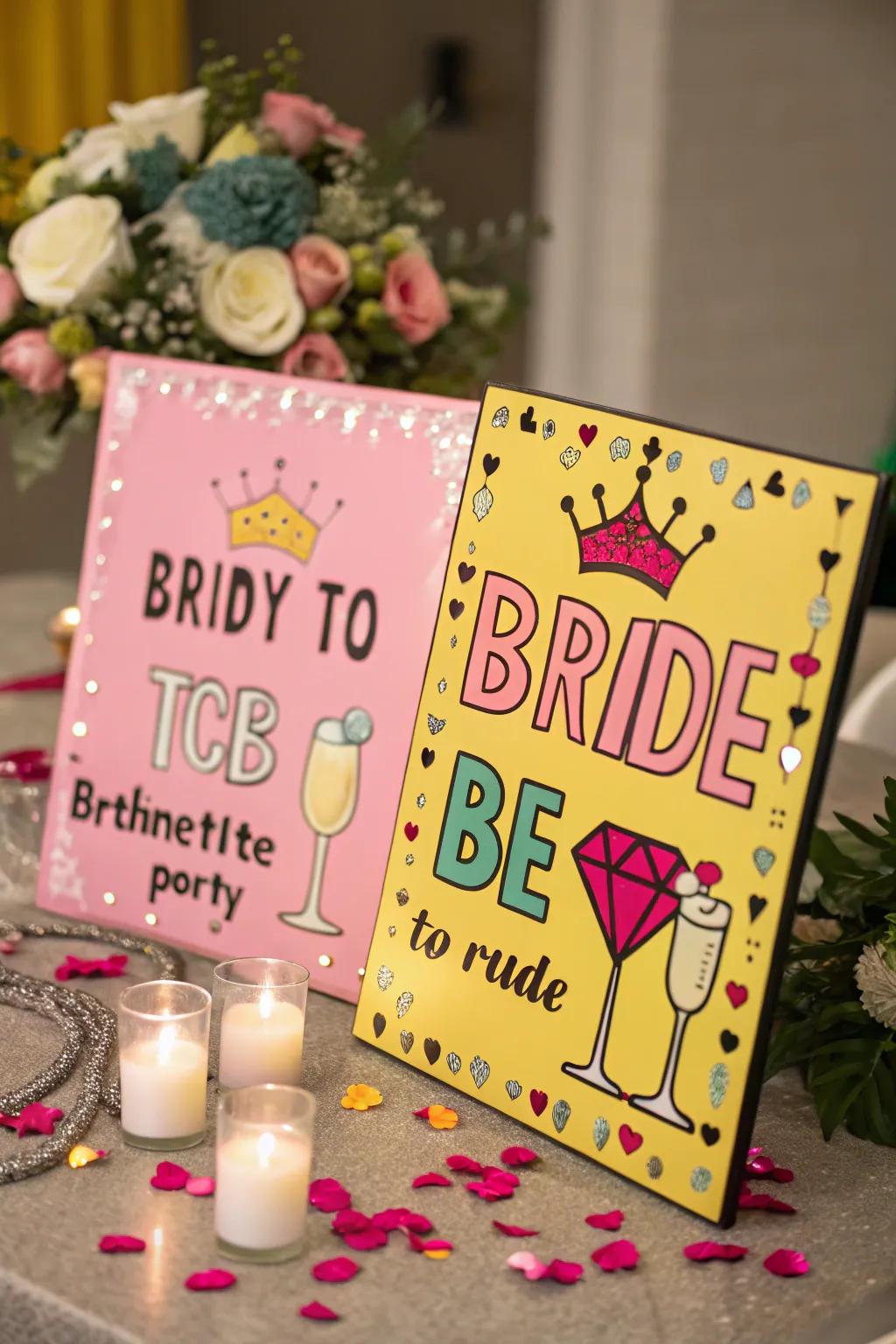 Decorative signs featuring personalized messages.