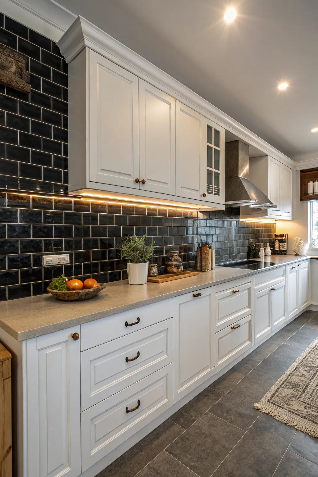 Deep-toned backsplashes create a dramatic contrast in this white kitchen.