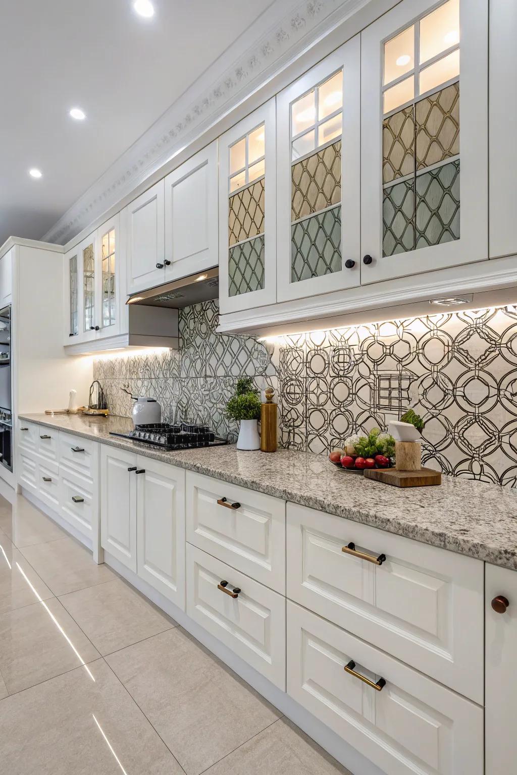 Geometric patterns make a striking and stylish statement in the cooking area.