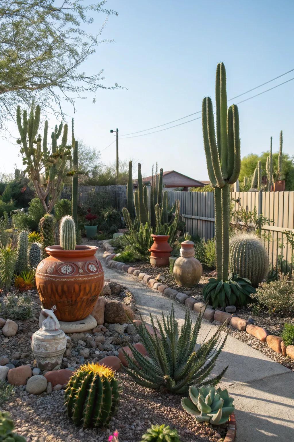 Artistic sculptures and pottery make the cactus garden feel unique.