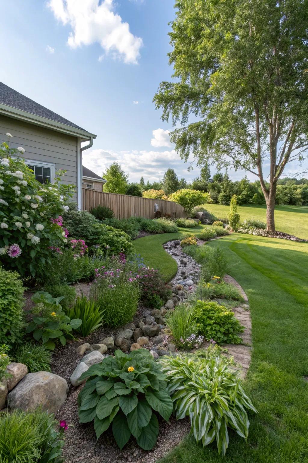A swale is a tastefully designed element that manages water flow naturally.