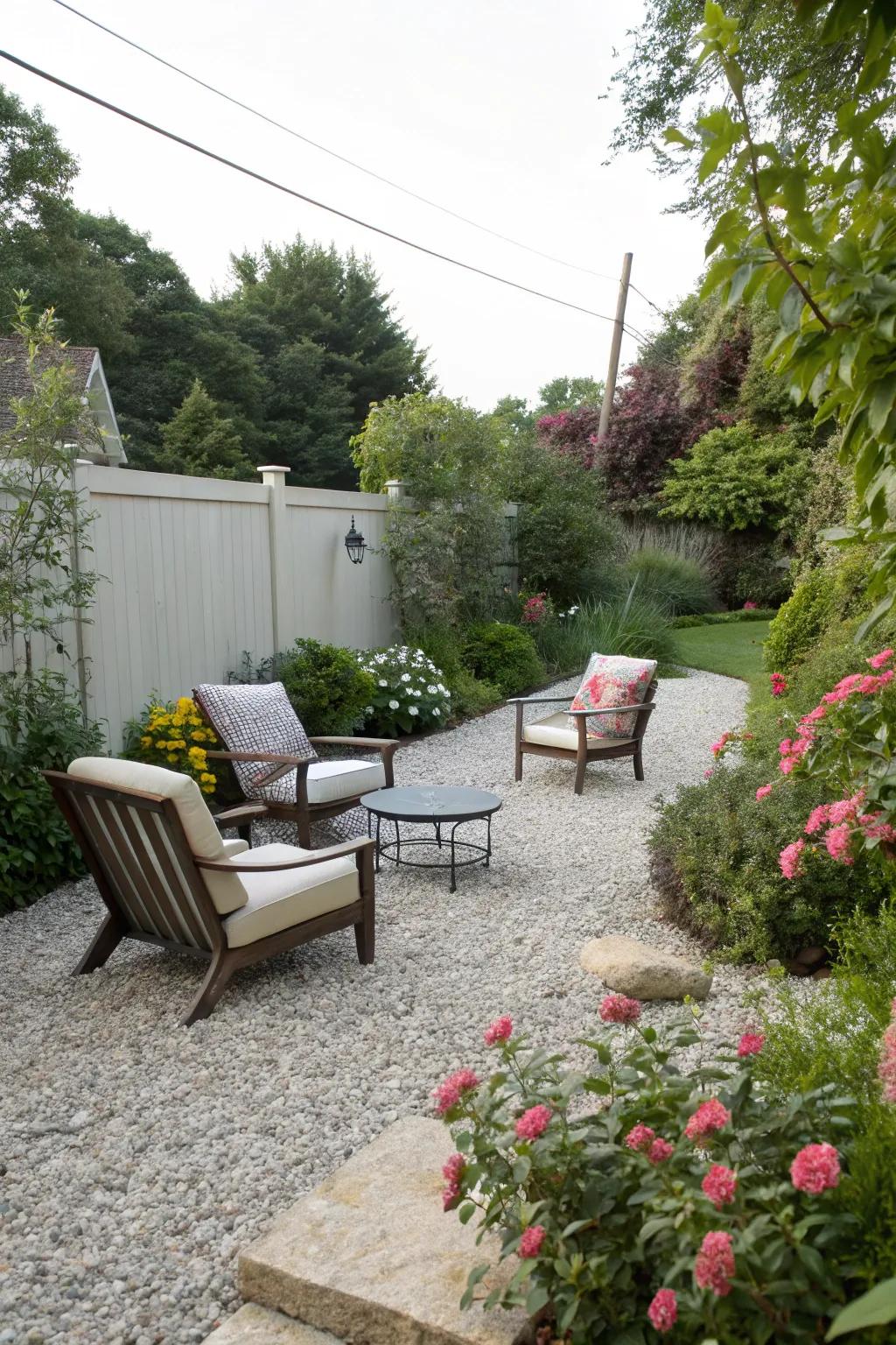 Gravel surfaces add a casual and textured appeal.
