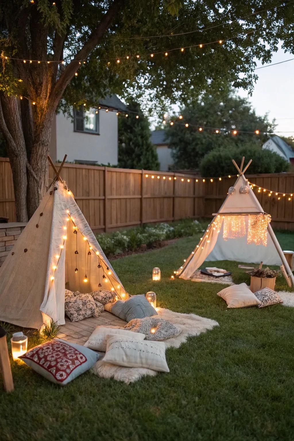 Teepee canopies fashion a cozy and captivating setting for watching movies.