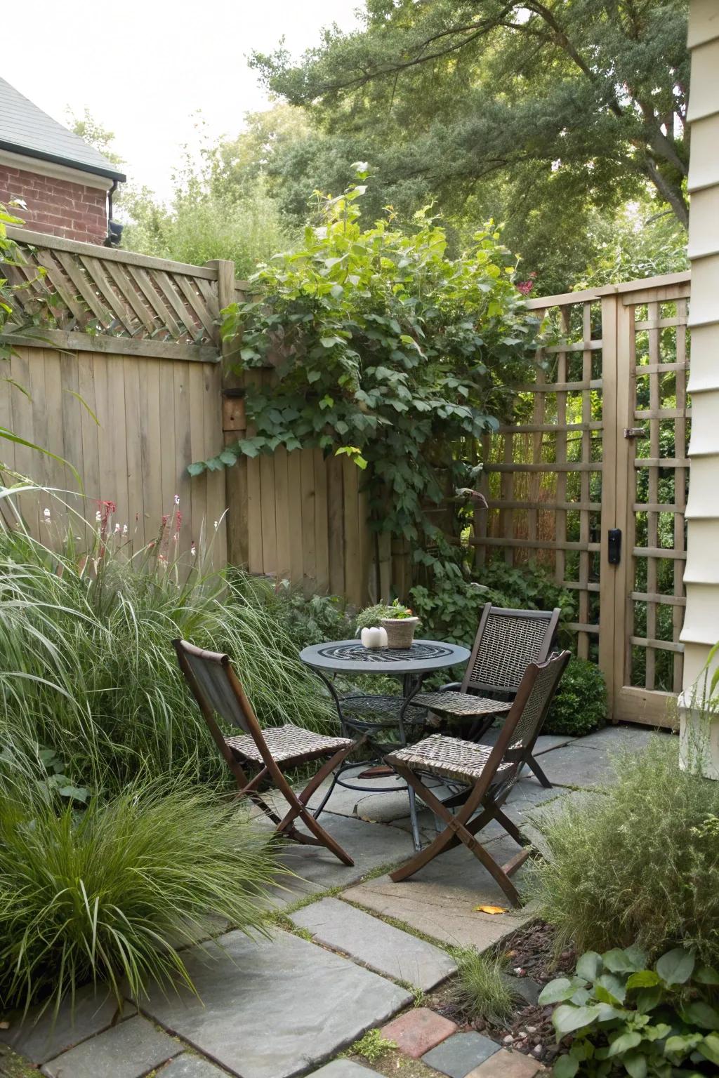A hidden garden corner offers privacy and charm.