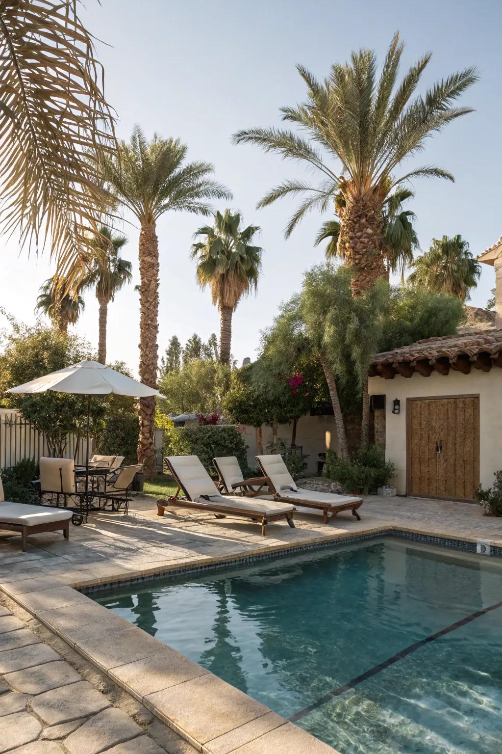 Sun loungers by the pool offer a perfect spot for relaxation.