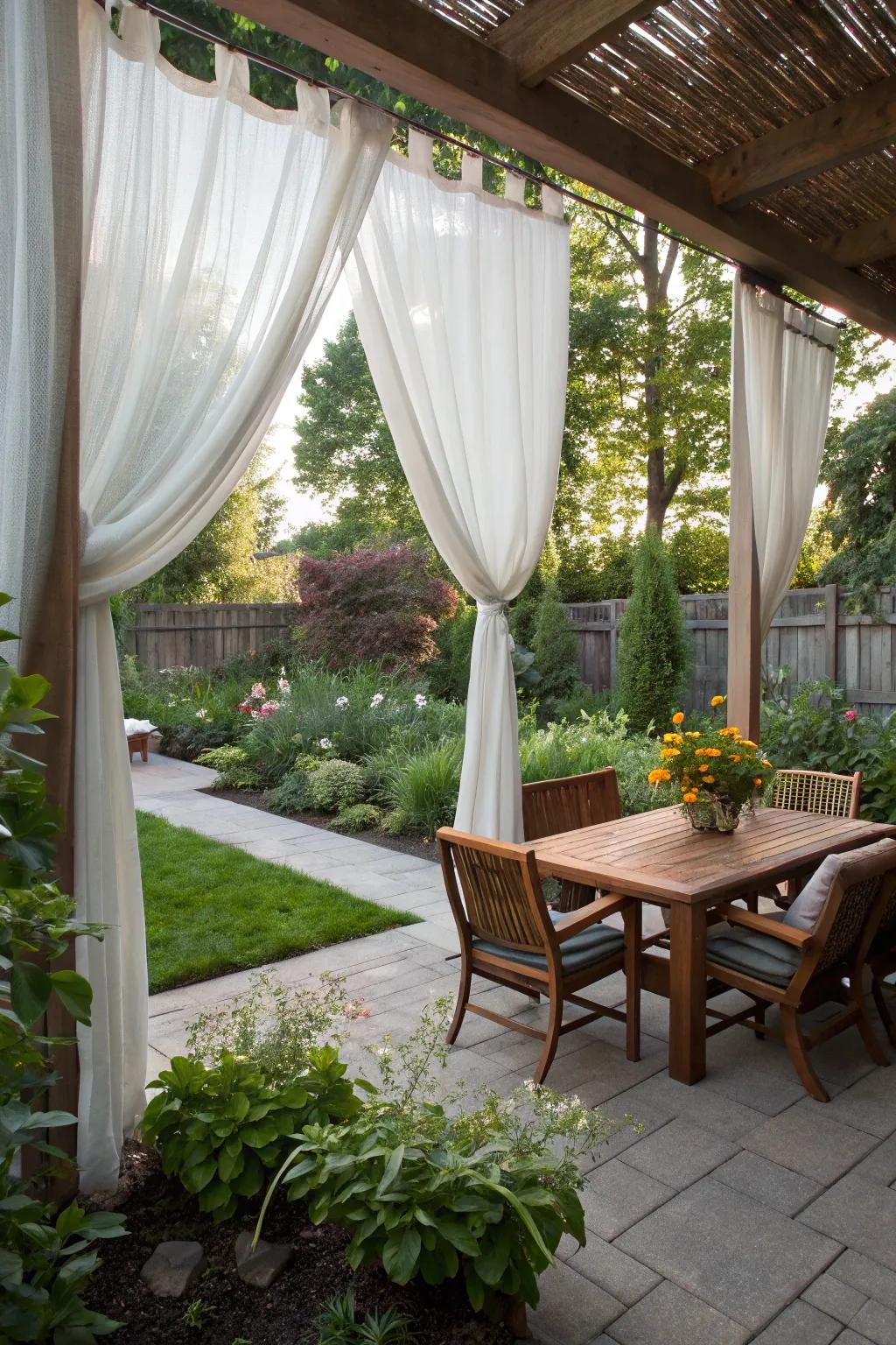 Stylish outdoor drapes make a breezy, private area.
